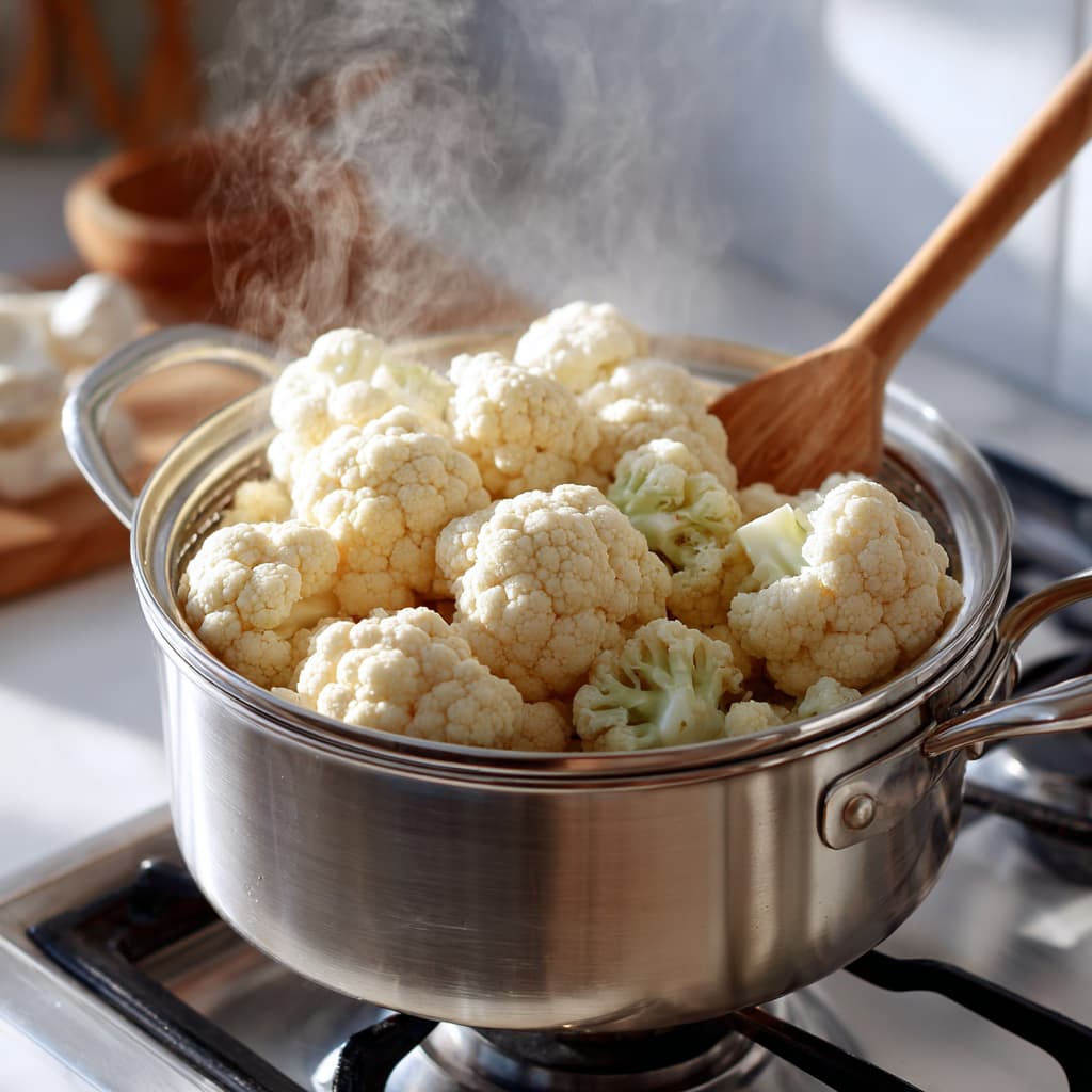 Steaming cauliflower florets until soft for creamy cauliflower mash.
