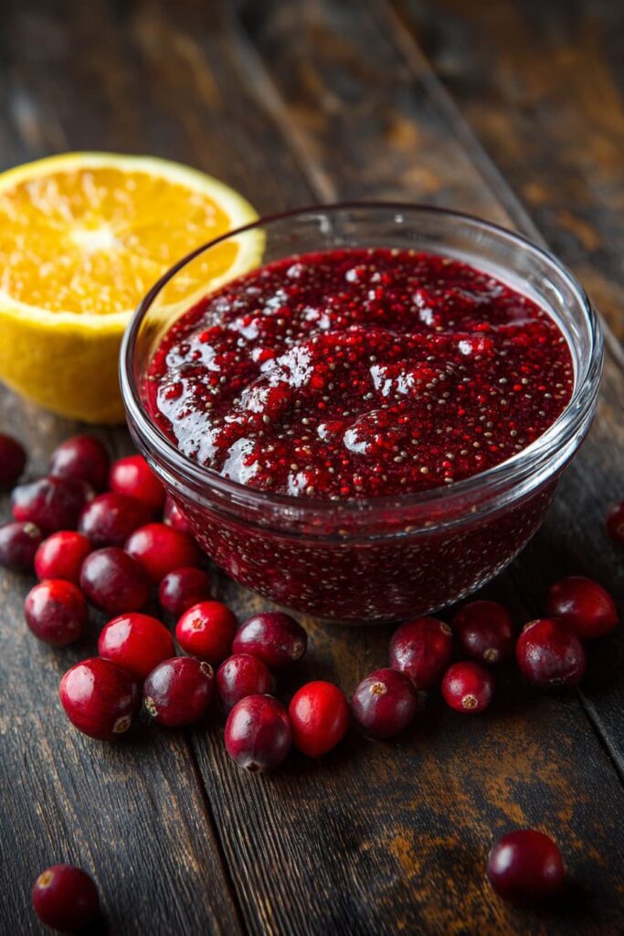 Healthy cranberry chia sauce made with cranberries, maple syrup, orange zest, and chia seeds for a clean eating Thanksgiving side or topping.