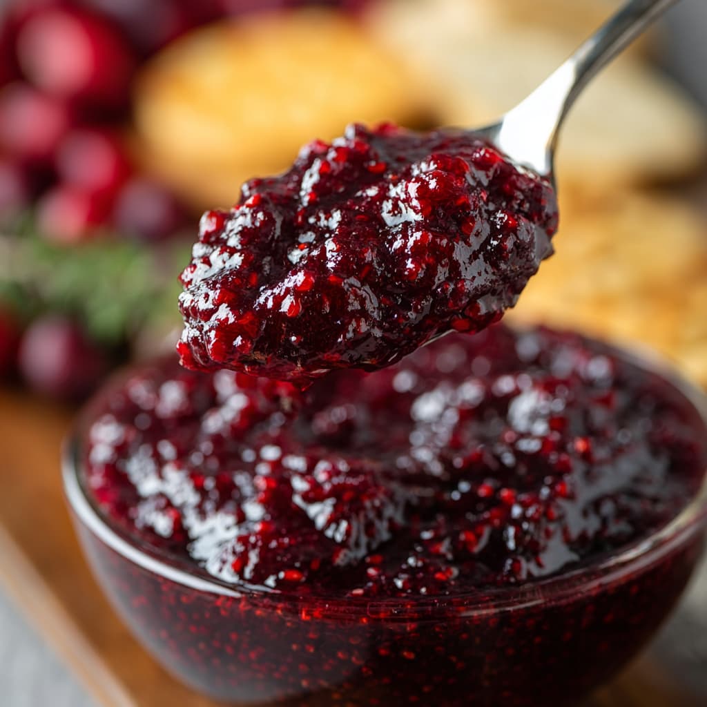 Spoonful of thick cranberry chia sauce with visible chia seeds and bright red color.