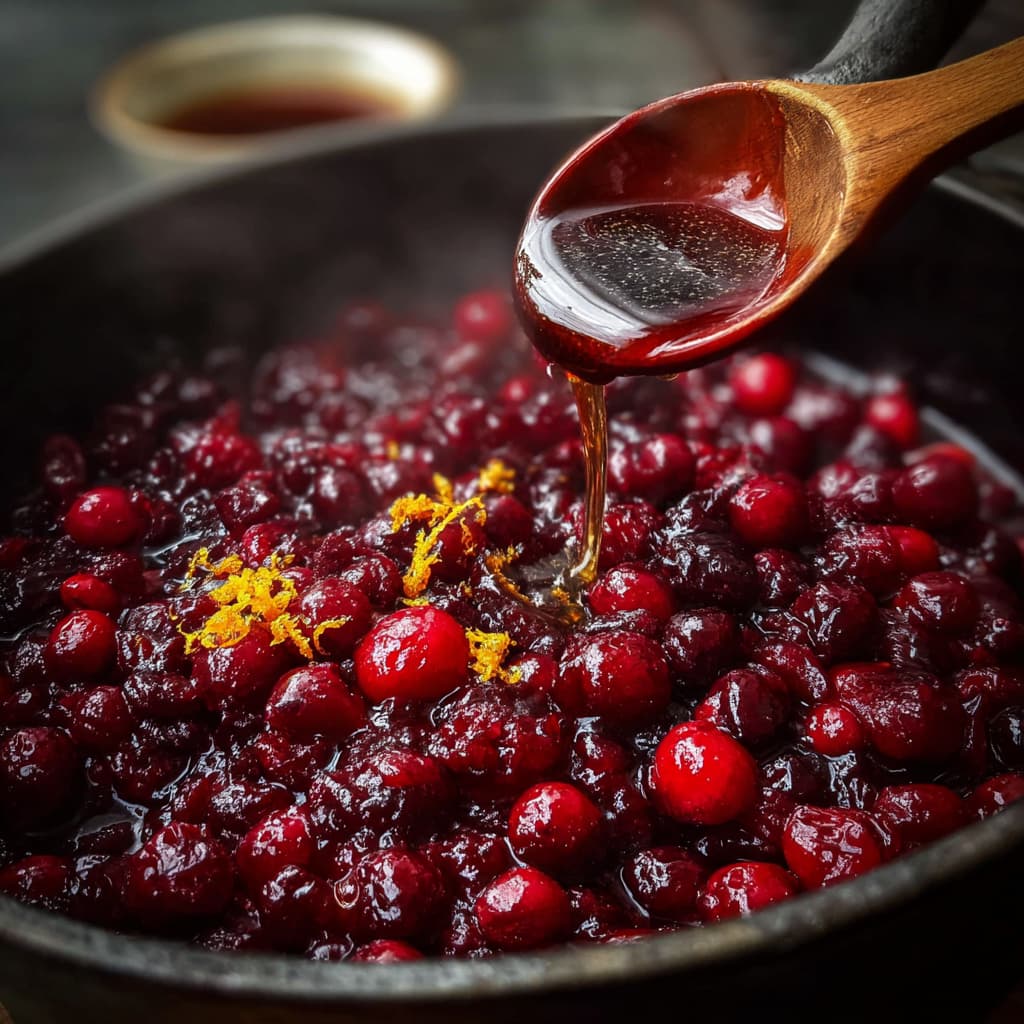 Adding maple syrup, orange zest, vanilla, and salt to softened cranberries.