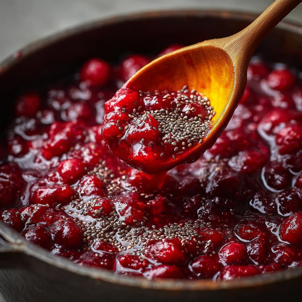 Stirring chia seeds into warm cranberry sauce to thicken naturally.