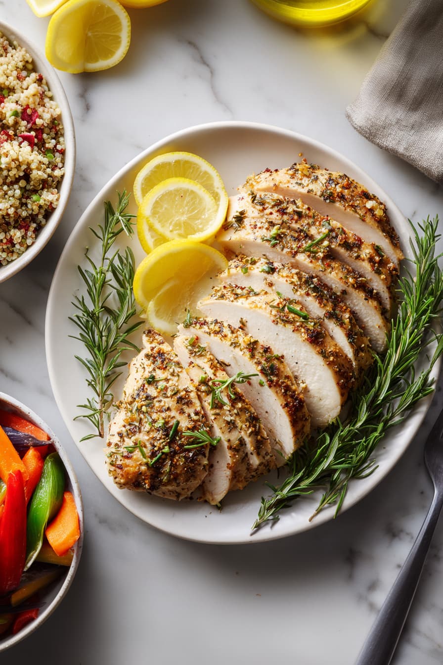 Healthy herb-roasted turkey breast served with quinoa and veggies, high protein clean eating recipe.