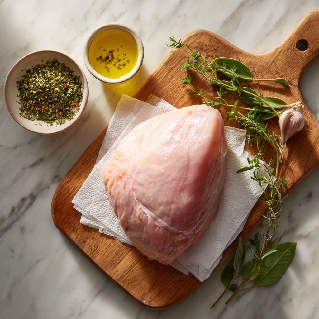 Dry raw turkey breast before seasoning with fresh herbs and olive oil.