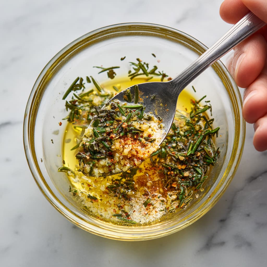 Mixing olive oil, garlic, and fresh herbs to make clean turkey seasoning.