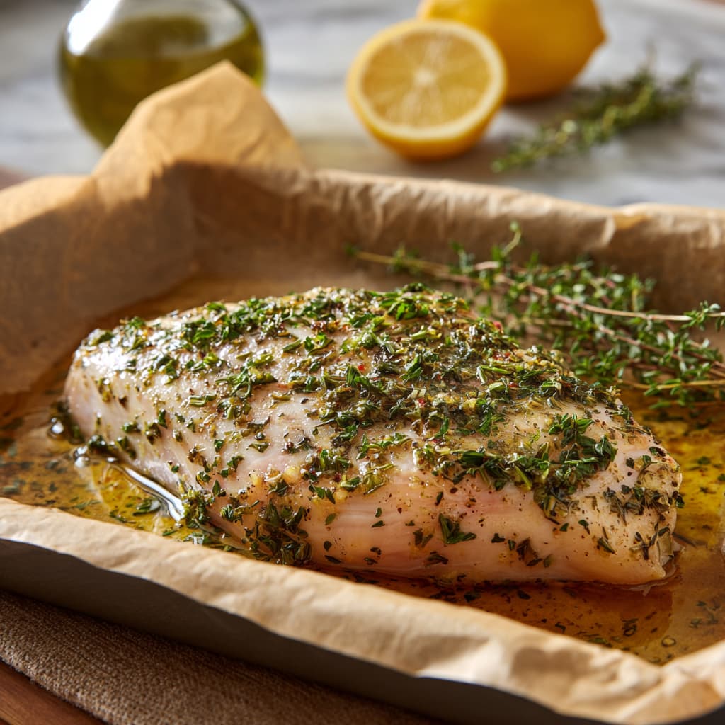 herb mixture spread evenly over the turkey breast on parchment paper