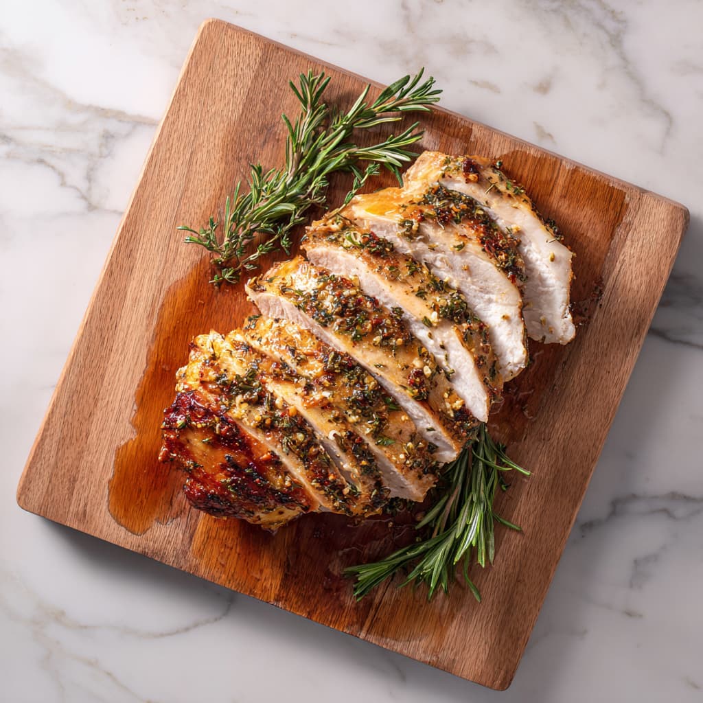 Sliced juicy herb-roasted turkey breast on a wooden boar