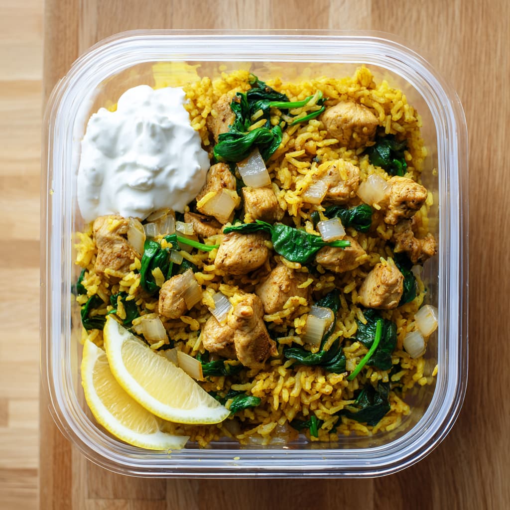 Turmeric Chicken & Rice in a meal prep container