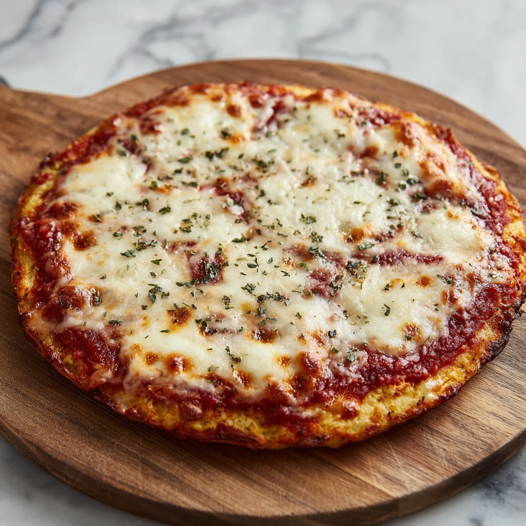 Bajed high protein cottage cheese pizza topped with tomato sauce and melted part-skim mozzarella.