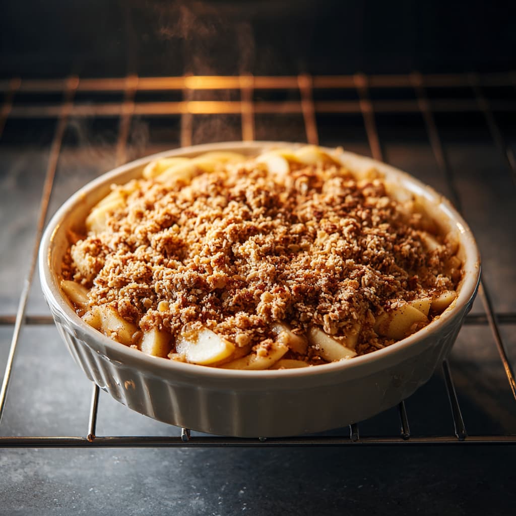 Apple crisp with the topping turned golden on a cooling rack