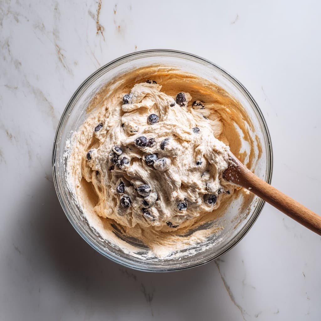 Folding blueberries and chocolate chips into banana oatmeal muffin batter.