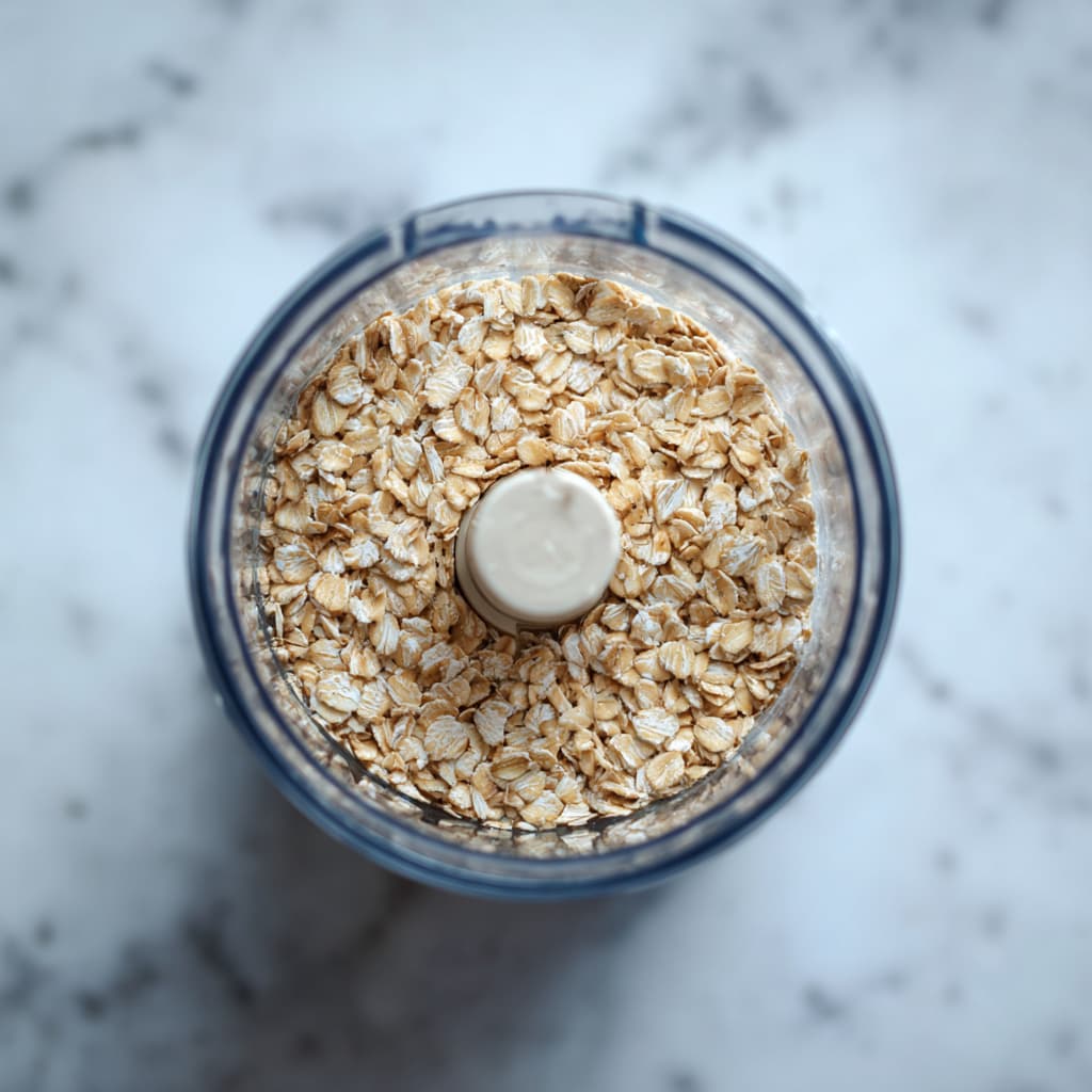 ending rolled oats in a blender to make oat flour for banana oatmeal muffins.