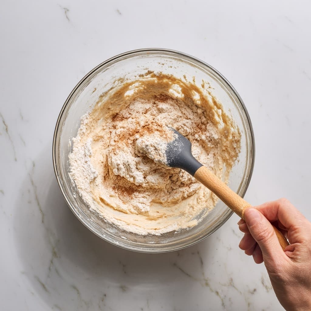 Stirring oat flour, protein powder, and cinnamon into wet batter for banana oatmeal muffins.