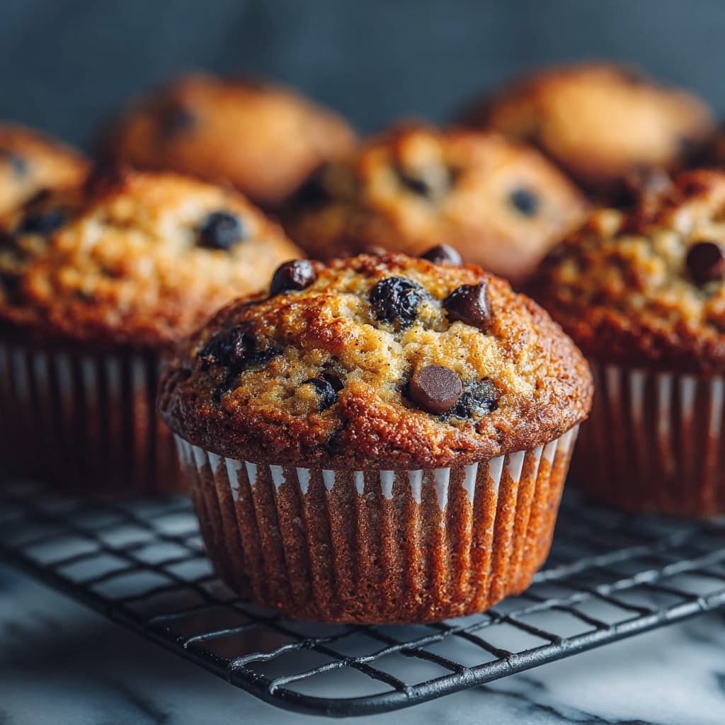 Freshly baked banana oatmeal muffins cooling on a wire rack.
