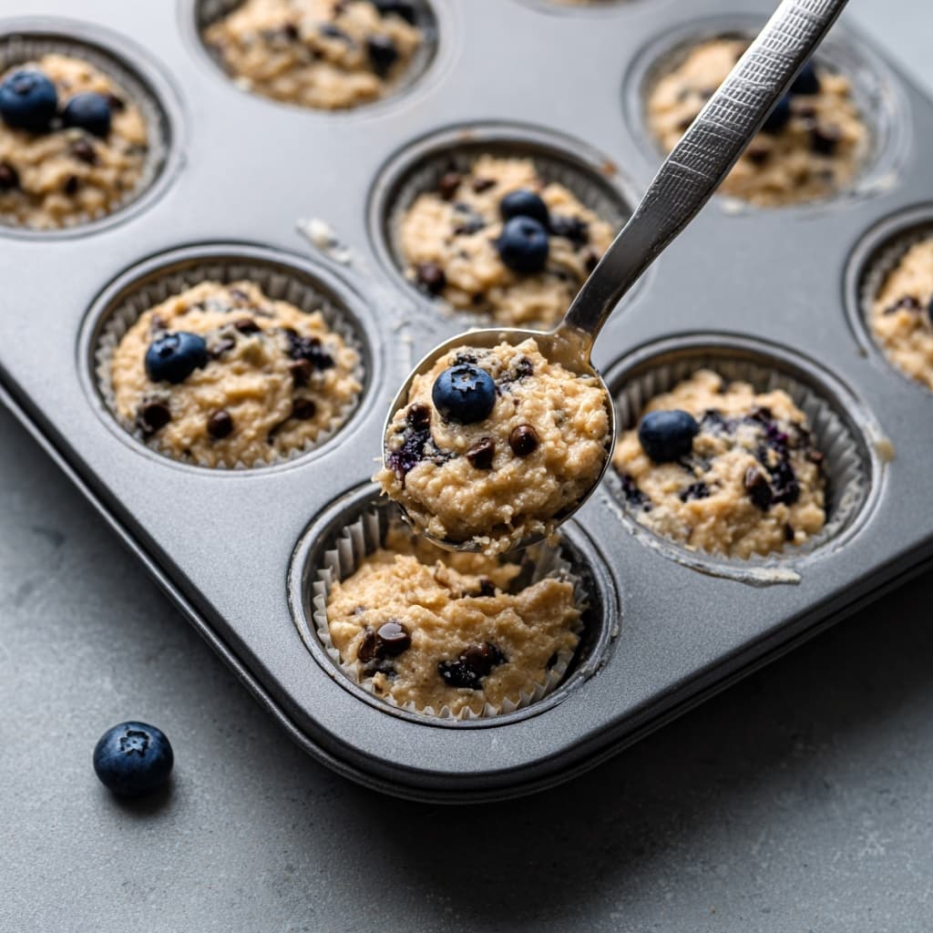 Scooping banana oatmeal batter into lined muffin tins before baking.