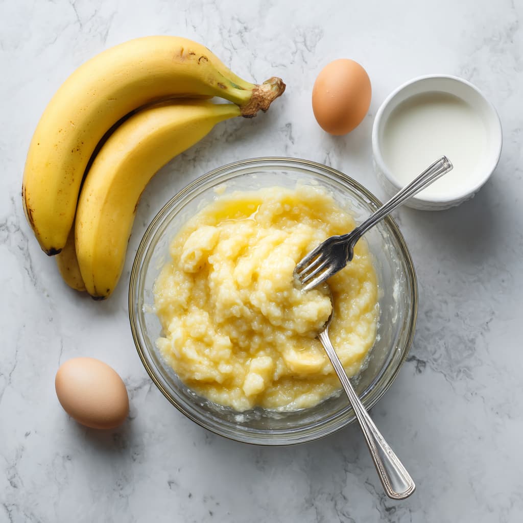 Mashing ripe bananas in a bowl to start the batter for banana oatmeal muffins.