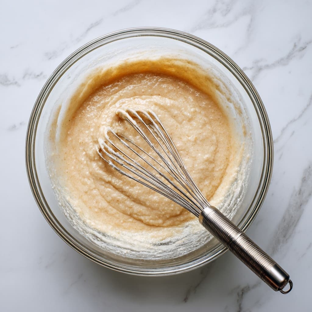 Whisking bananas, eggs, Greek yogurt, and maple syrup for banana oatmeal muffin batter.