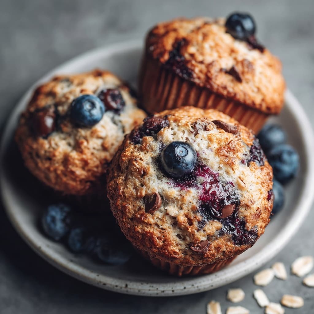 banana oatmeal muffins made with oats and banana, served on a white plate.