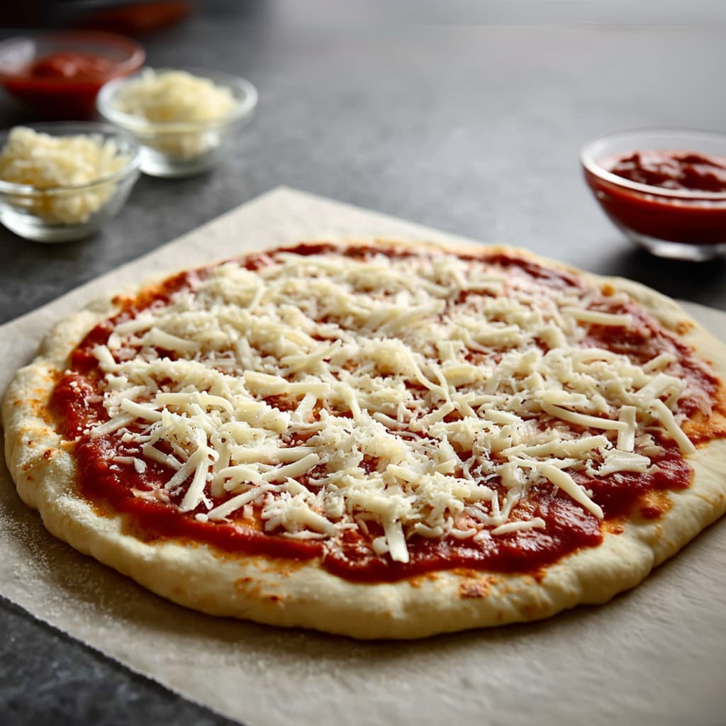 Cottage cheese pizza crust spread with tomato sauce and topped with shredded mozzarella before baking