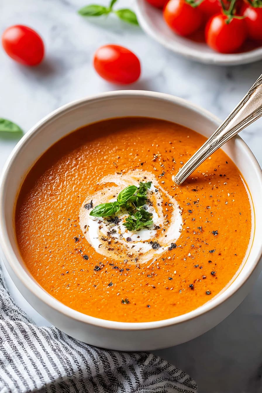 Creamy cottage cheese tomato soup in a white bowl with basil and yogurt swirl.