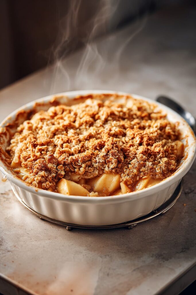 Healthy apple crisp with a golden oat crumble topping in a white baking dish.