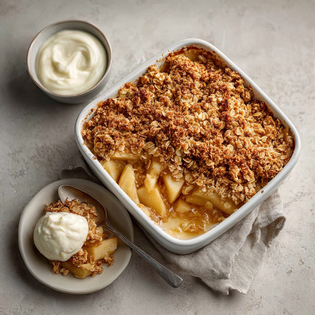 Healthy apple crumble with a golden oat topping and soft baked apples served warm in a white dish, with yogurt on the side.