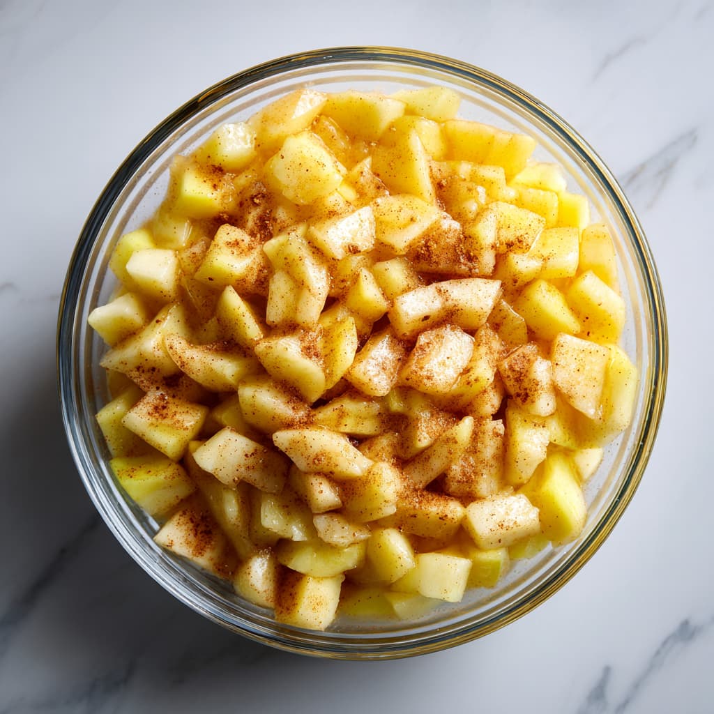 Thin apple slices tossed with lemon juice, maple syrup, cinnamon, vanilla, and cornstarch in a glass mixing bowl.