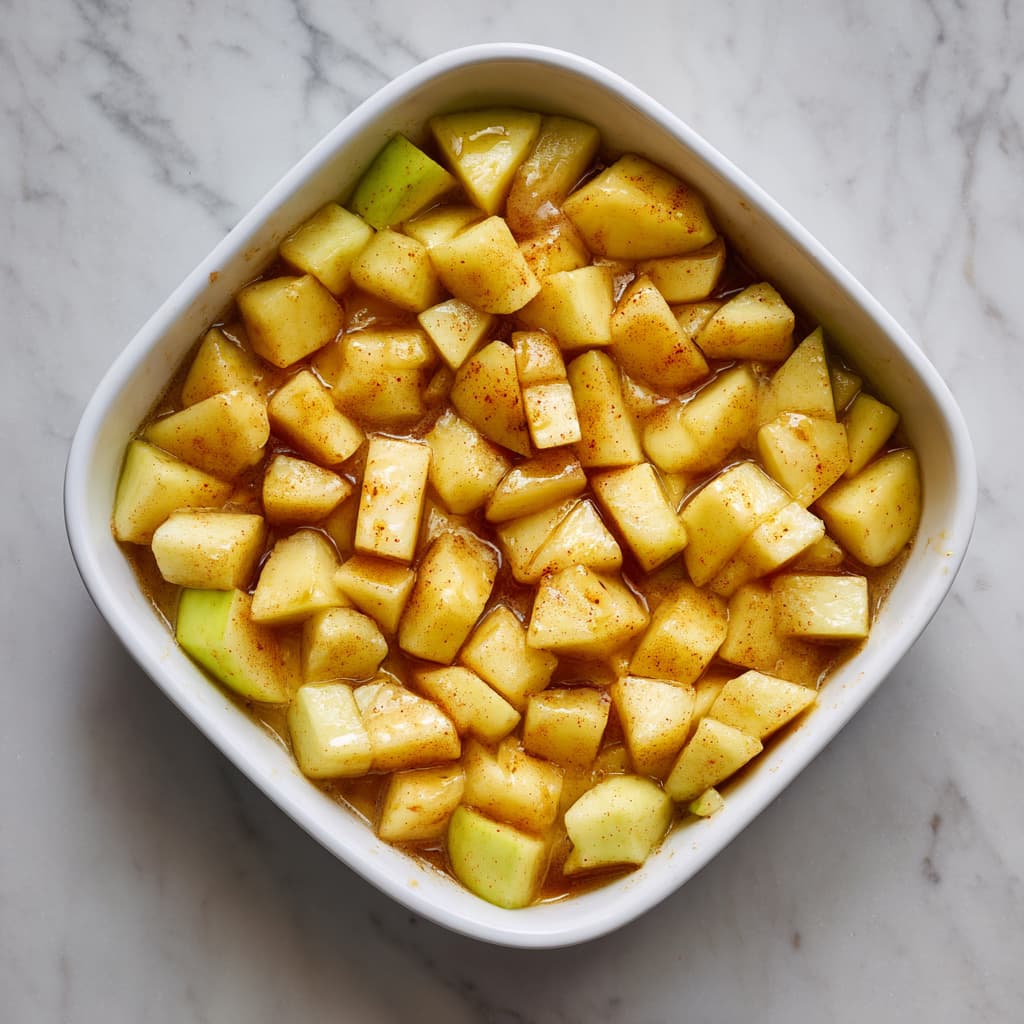 Seasoned apple slices arranged in an even layer inside a white baking dish for the crumble base.