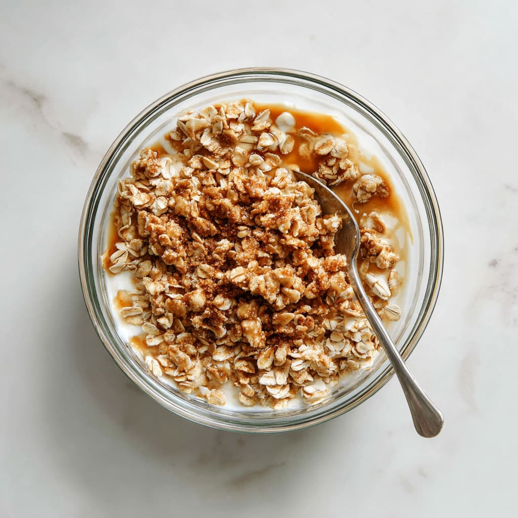 Rolled oats mixed with coconut oil, maple syrup, cinnamon, and salt in a glass bowl for the crumble topping.