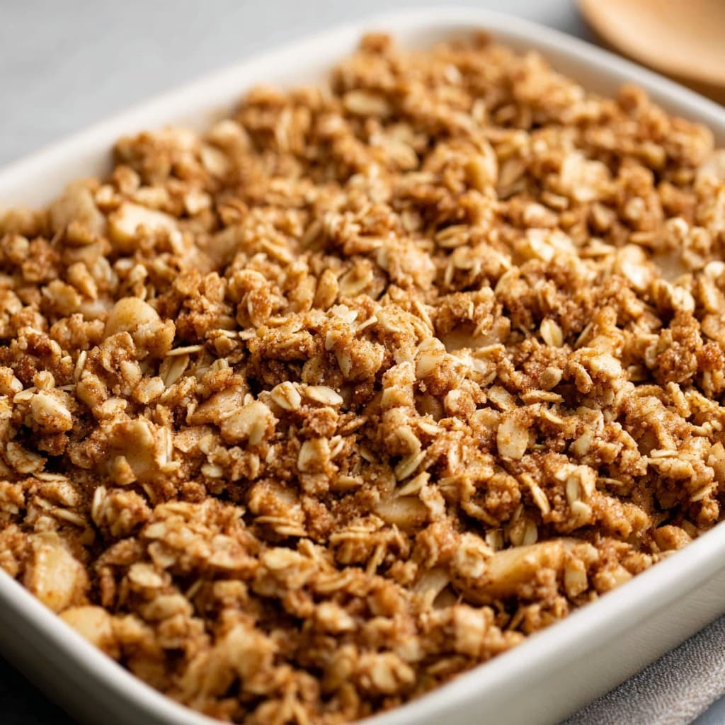 Oat crumble topping spread evenly over the apple layer before baking.