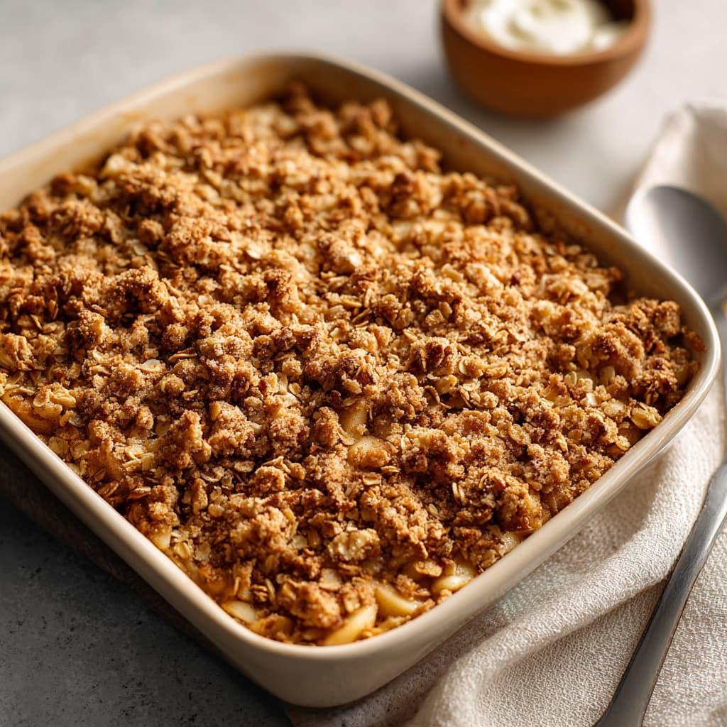 Freshly baked healthy apple crumble resting on the counter to cool before serving.