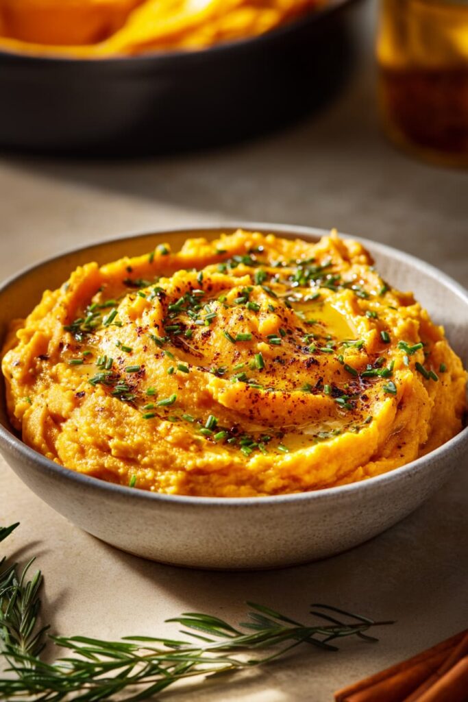 Creamy sweet potato mash made with Greek yogurt, cinnamon, and olive oil.