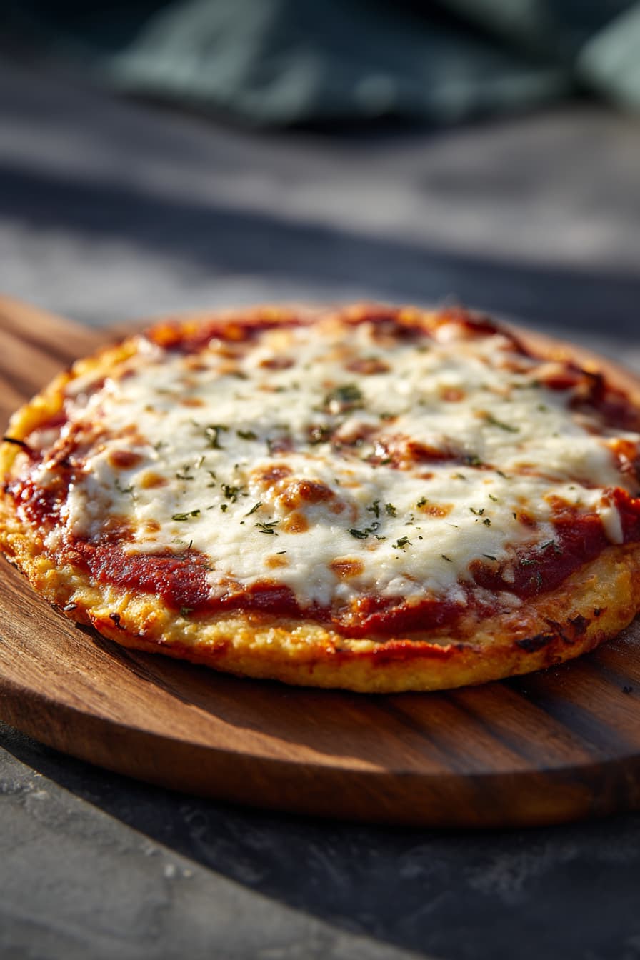 High protein cottage cheese pizza crust topped with tomato sauce and melted light mozzarella, baked until golden on a wooden board.