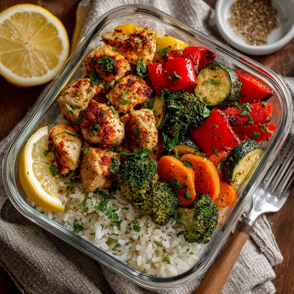 High protein chicken and veggie meal prep bowl with roasted vegetables and rice in a glass container on the dinning table.