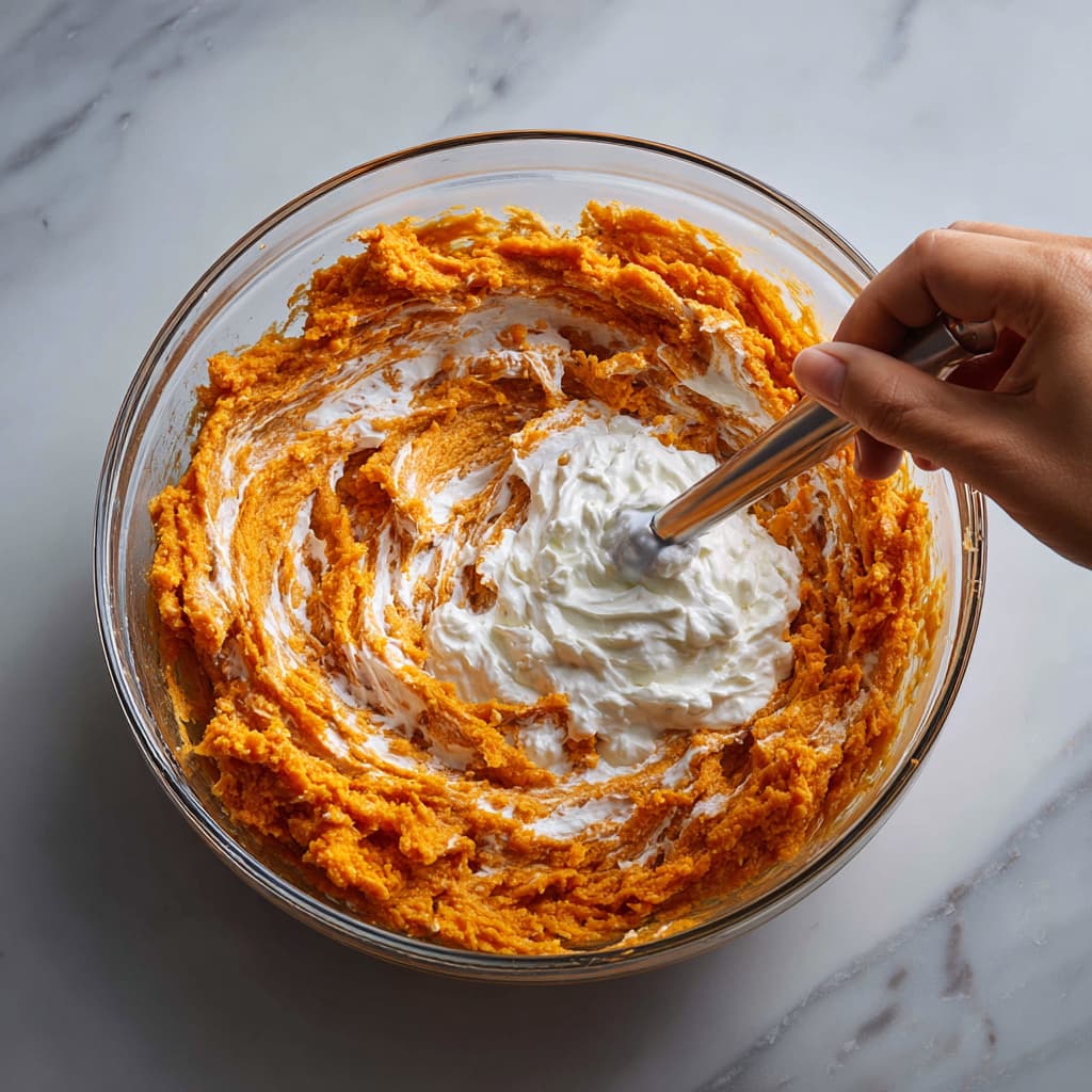 Cooked sweet potatoes being mashed with Greek yogurt in a bowl.
