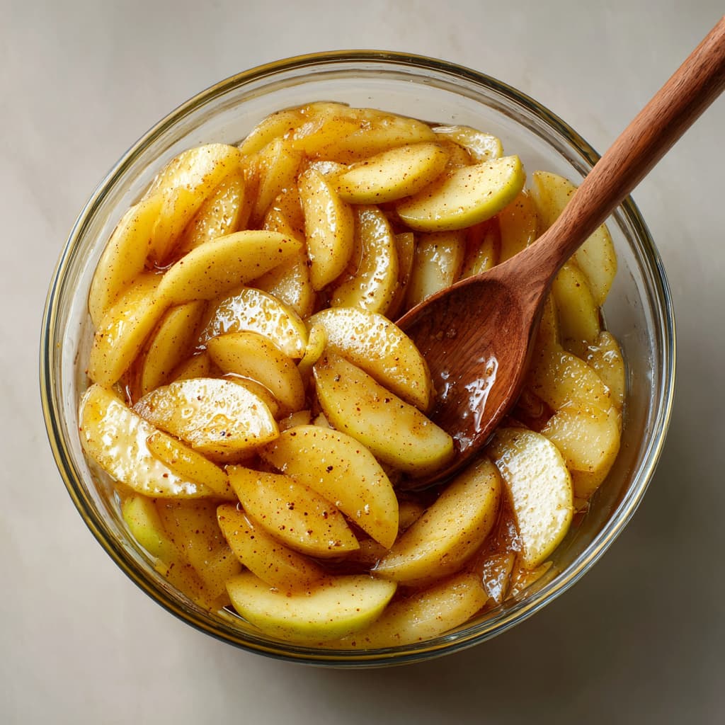 Sliced apples mixed with lemon, cinnamon, maple syrup, vanilla, and cornstarch in a glass bowl.