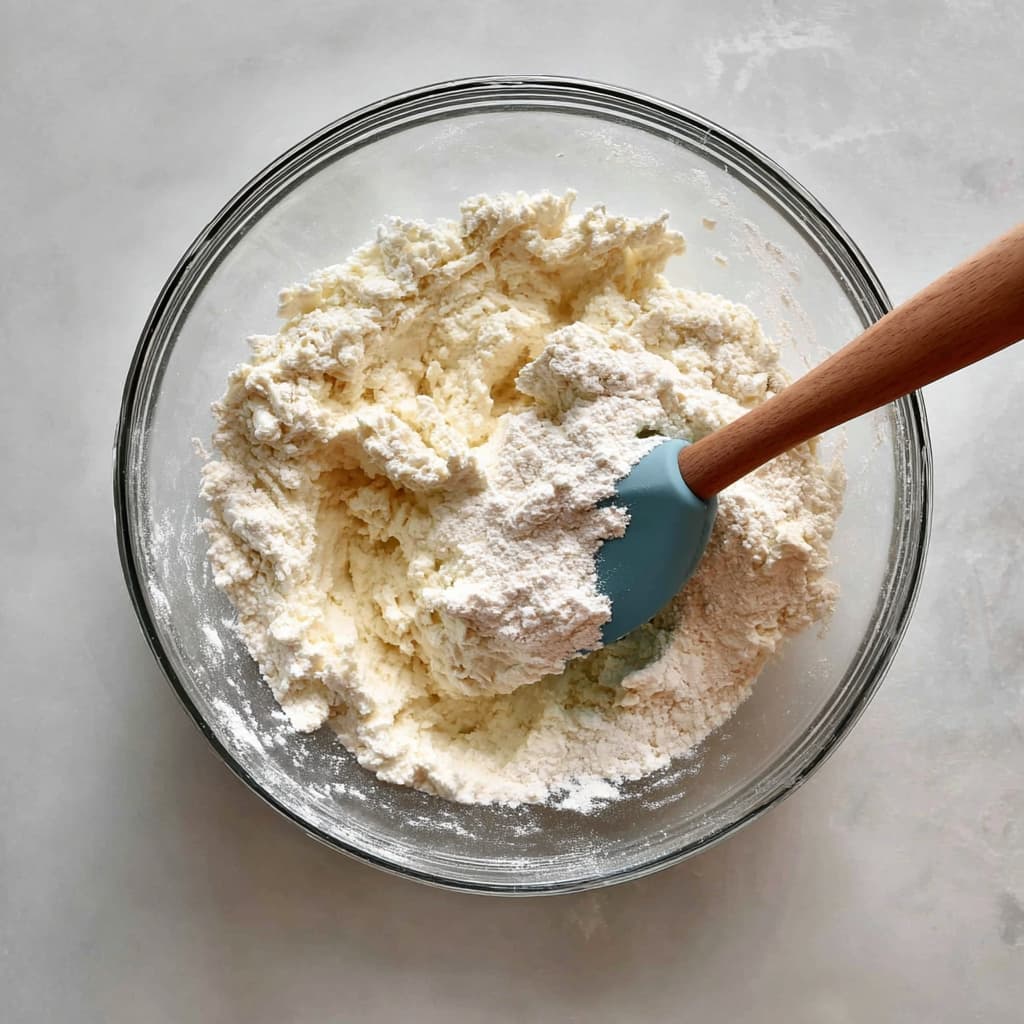 Flour, baking powder, salt, and blended cottage cheese in a mixing bowl before forming pizza dough.