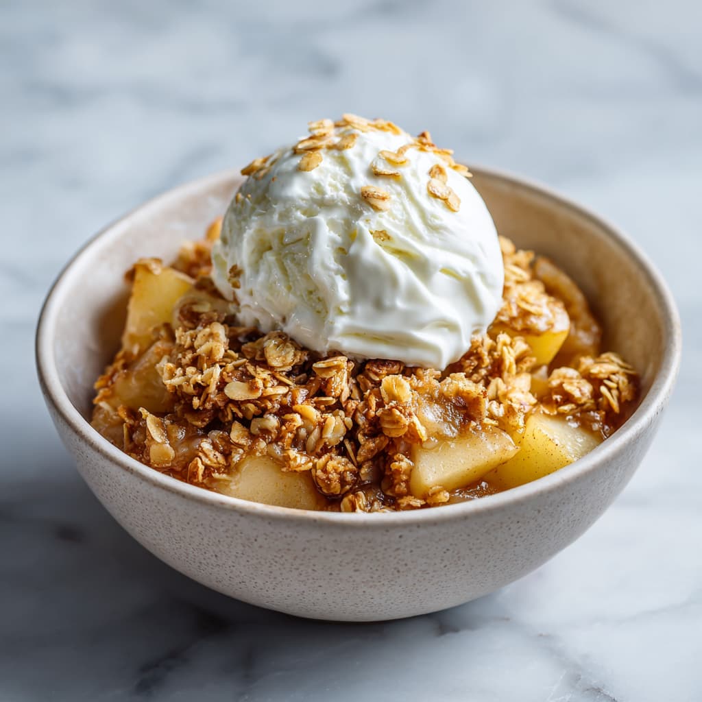 Warm apple crisp served in a bowl with a dollop of cottage cheese on top.