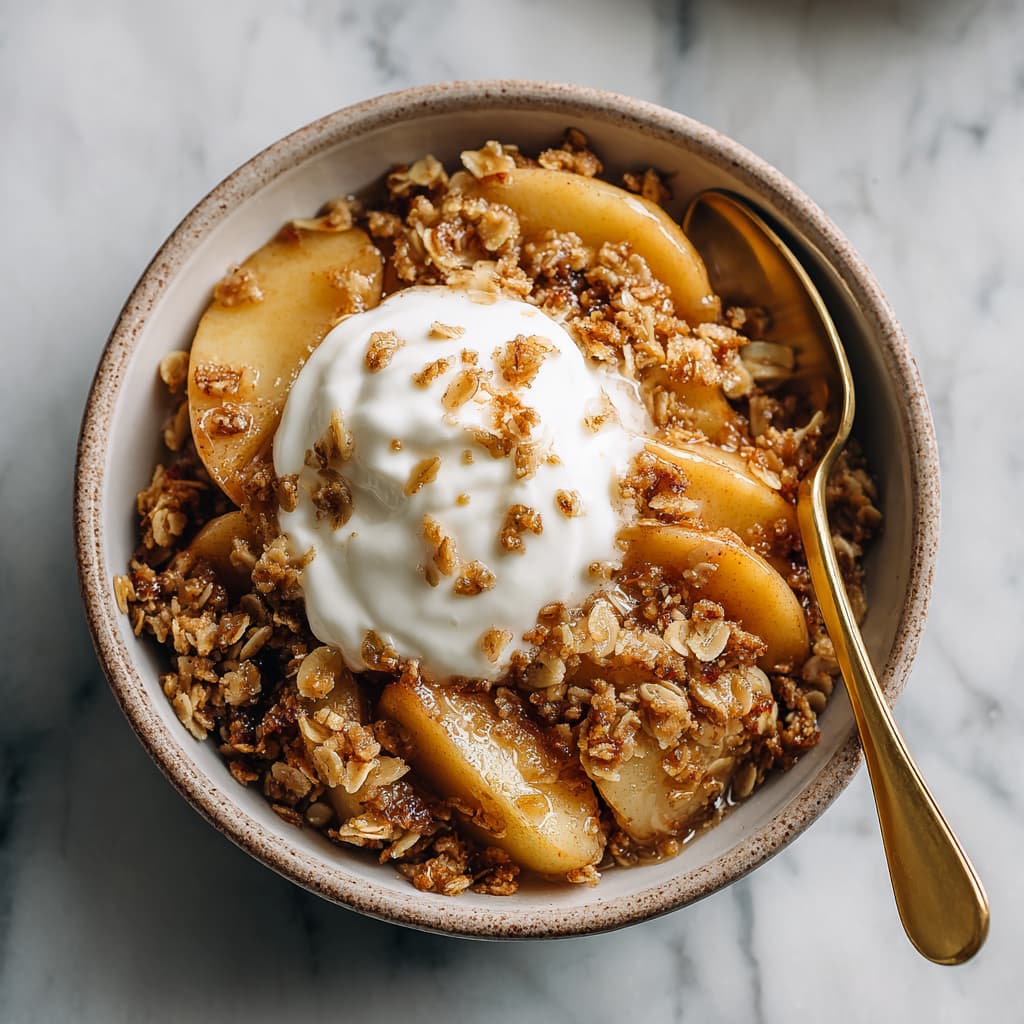 Warm apple crisp served in a bowl with Greek yogurt on top.