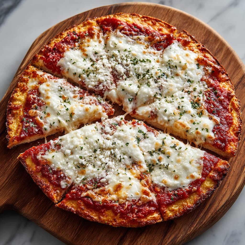 Overhead view of sliced baked high protein pizza with tomato sauce and light mozzarella as toppings.