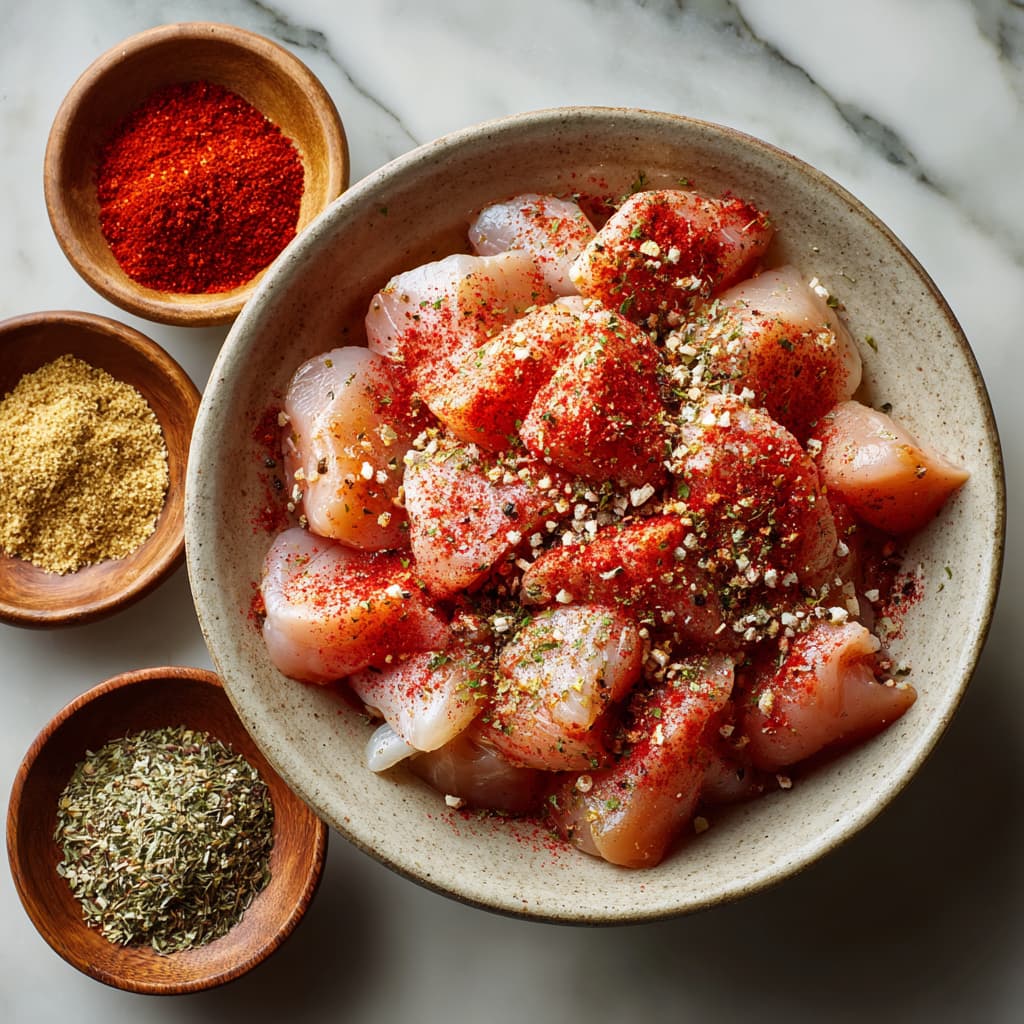 Raw chicken pieces coated with paprika, garlic, and lemon seasoning in a mixing bowl.