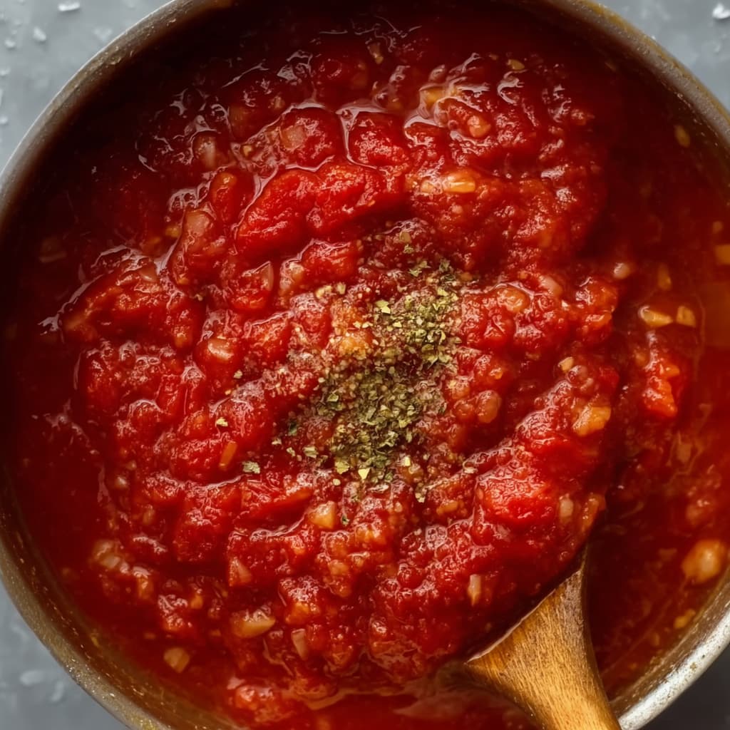 Tomato mixture with broth and seasonings added before simmering.