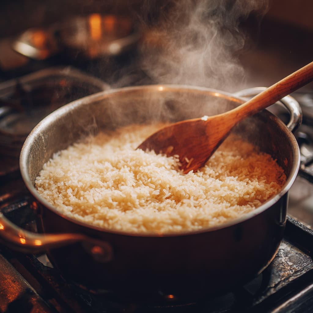 Freshly cooked rice being fluffed in a pot on the stove.