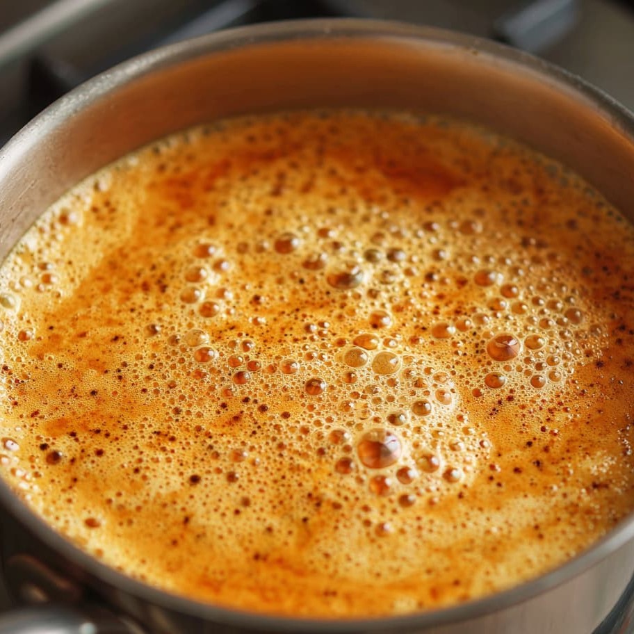 Creamy tomato soup simmering after adding cottage cheese.