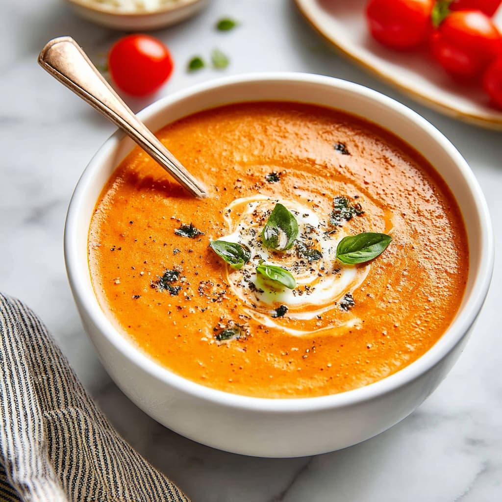 Serving creamy cottage cheese tomato soup into a bowl.