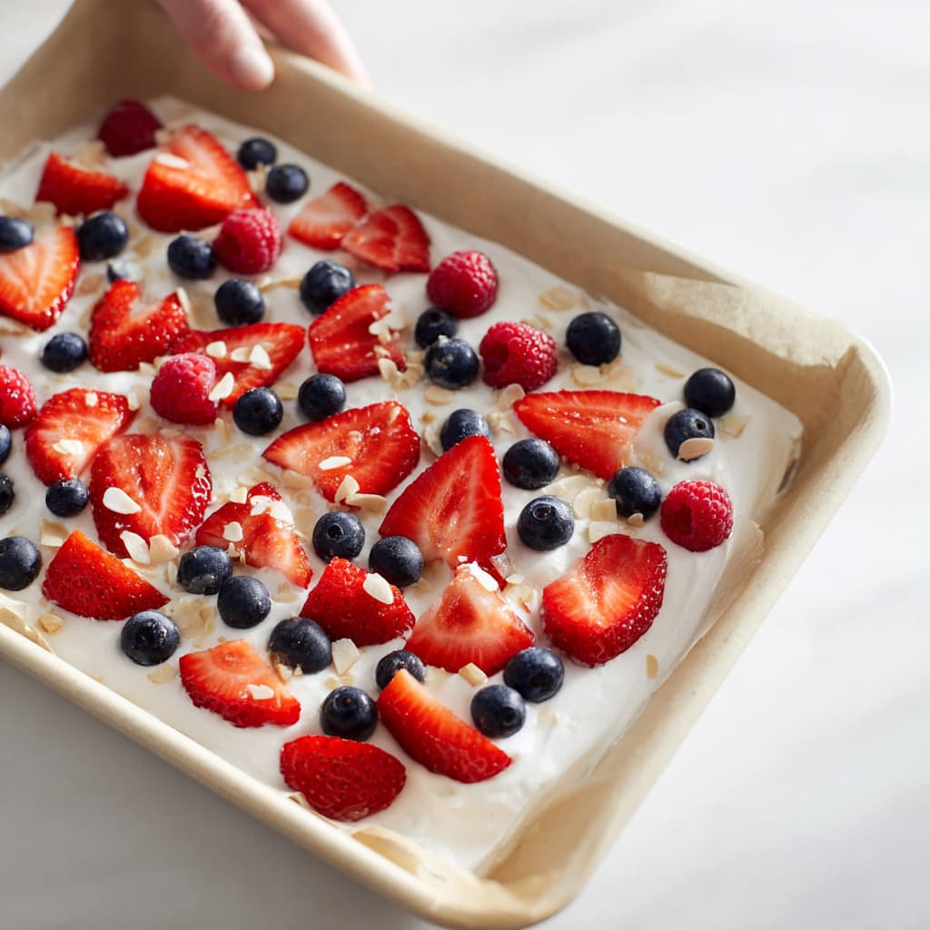 Adding sliced berries and chopped almonds on top of the yogurt layer.