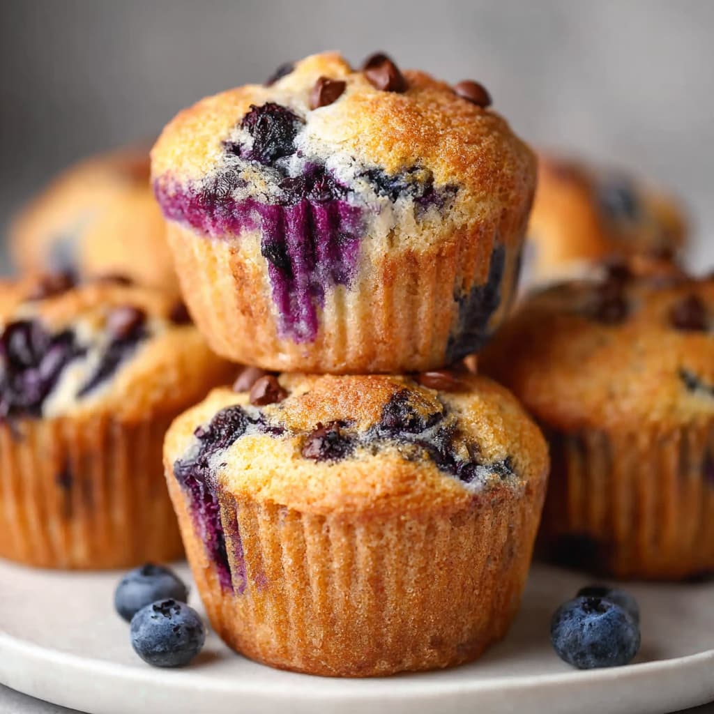 Stack of blueberry muffins with melted chocolate chips showing purple blueberry streaks and visible liner ridges on a plate.