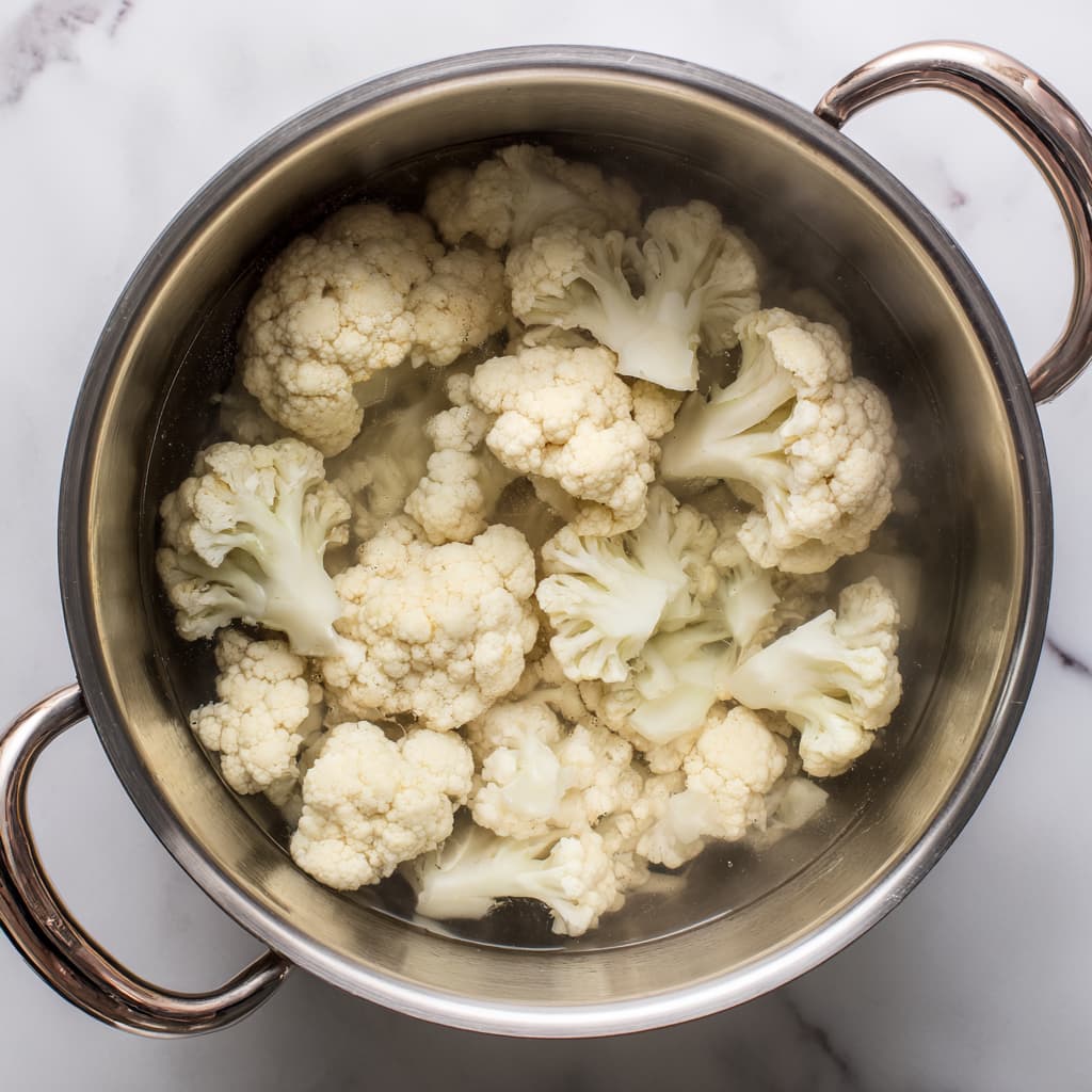 Cooked cauliflower florets drained and ready for a healthy cauliflower cheese bake.