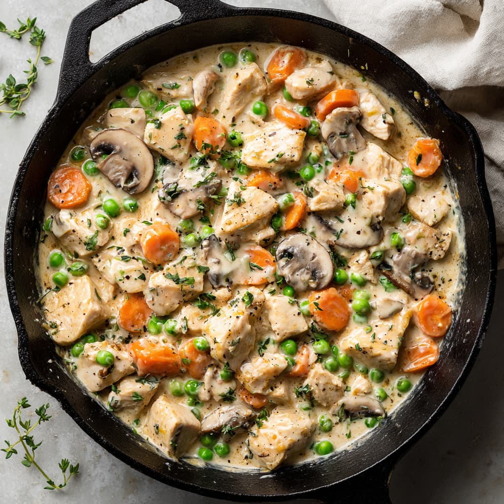Diced chicken breast, onions, sliced carrots, mushrooms, and peas coated in a light creamy sauce in a skillet