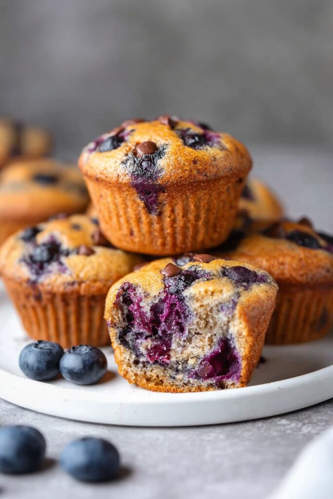 Blueberry chocolate chip cottage cheese muffins on a white plate with one split open to show the soft interior on a marble surface.