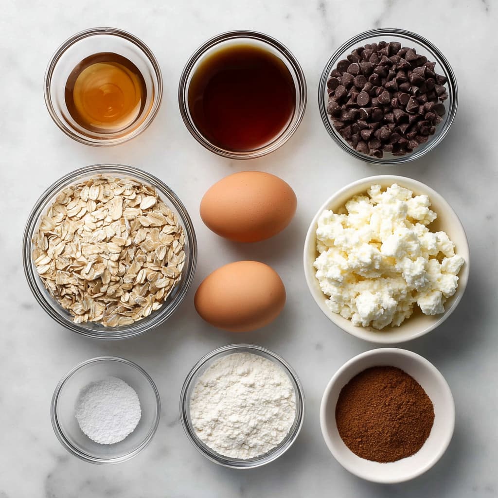 Ingredients for cottage cheese muffins arranged in small glass bowls on a white marble surface, including oats, cottage cheese, eggs, maple syrup, chocolate chips, and spices.